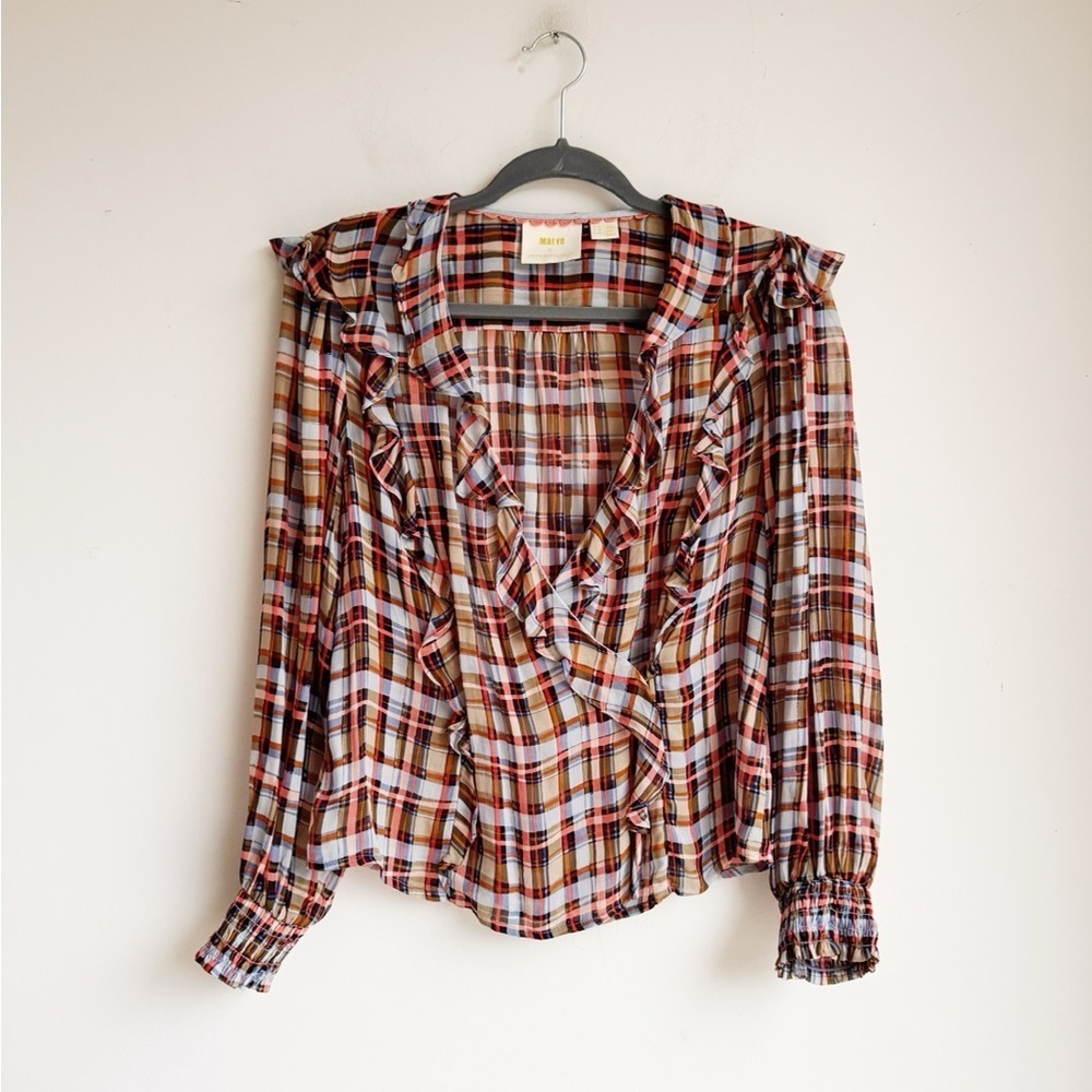 Maeve Anthropologie Laila Plaid Ruffle Blouse Romantic Fall Prep 8 petite - Picture 2 of 6
